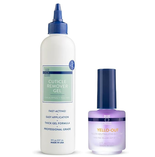 Blue Cross Professional Nail + Cuticle Care, Yellow-Neutralizing Basecoat, Purple Toner for Yellow Nails & Cuticle Remover Softener Gel, Eucalyptus/Tea Tree Scented, 2 Pack Bundle