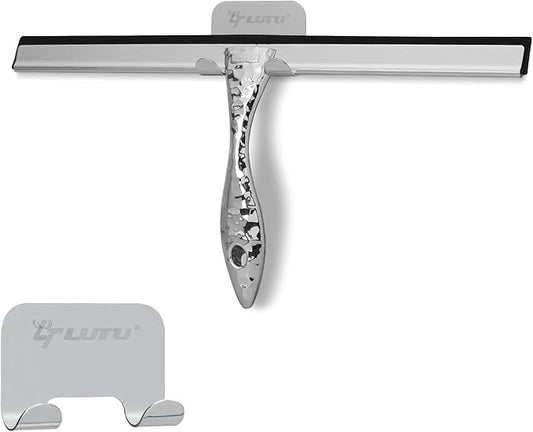 12" Silver Shower Squeegee with Hammered Handle & Waterproof Hook for Glass Doors, Silicone Bathroom Tile Wall and Car Window - Streak-Free Handheld Squeegee