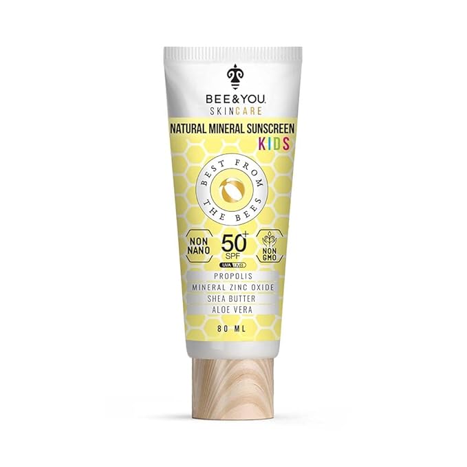 Bee and You Kids 100% Natural SPF 50 Mineral Sunscreen for Kids, Face and Body, Water Resistant, Sun Protection with Zinc Oxide & Bee Propolis, Hypoallergenic, 2.7 oz (80 mL)