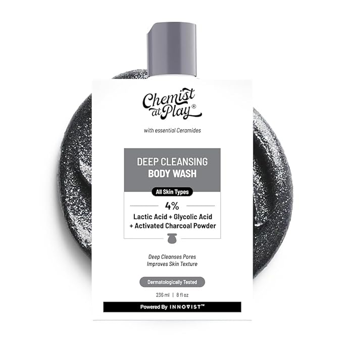 Deep Cleansing Body Wash| Activated Charcoal Removes Dirt | Lactic Acid for Skin Texture| Glycolic Acid for Exfoliation| 7.9 Fl oz