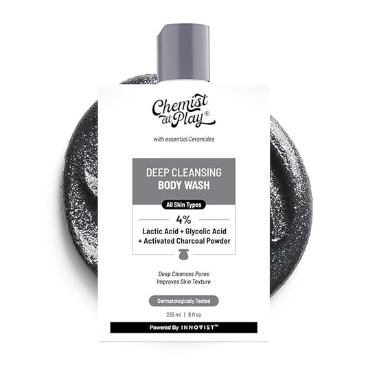 Deep Cleansing Body Wash| Activated Charcoal Removes Dirt | Lactic Acid for Skin Texture| Glycolic Acid for Exfoliation| 7.9 Fl oz