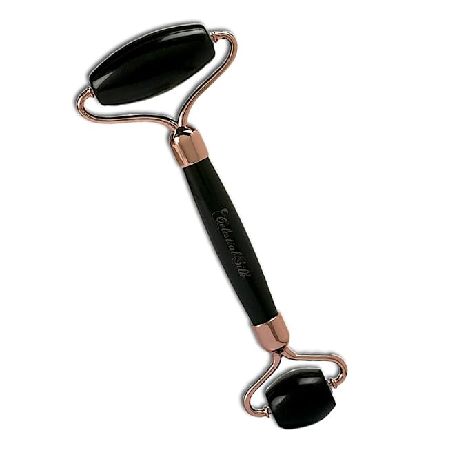 CELESTIAL SILK Black Obsidian Face Roller - Premium Anti Aging Beauty Tool for Depuffing, Genuine Volcanic Glass Gemstone Facial Roller