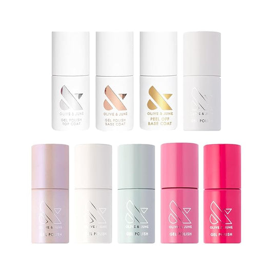 Olive & June Bestsellers Gel Polish Set | UV LED Nail Lamp Needed | Includes 6 Shades (HD, KMC, Pink Goldfish, Icing Is The Best Part, Prom, XOXO) + Gel Top Coat & Base Coat & Peel-Off Base HEMA-Free