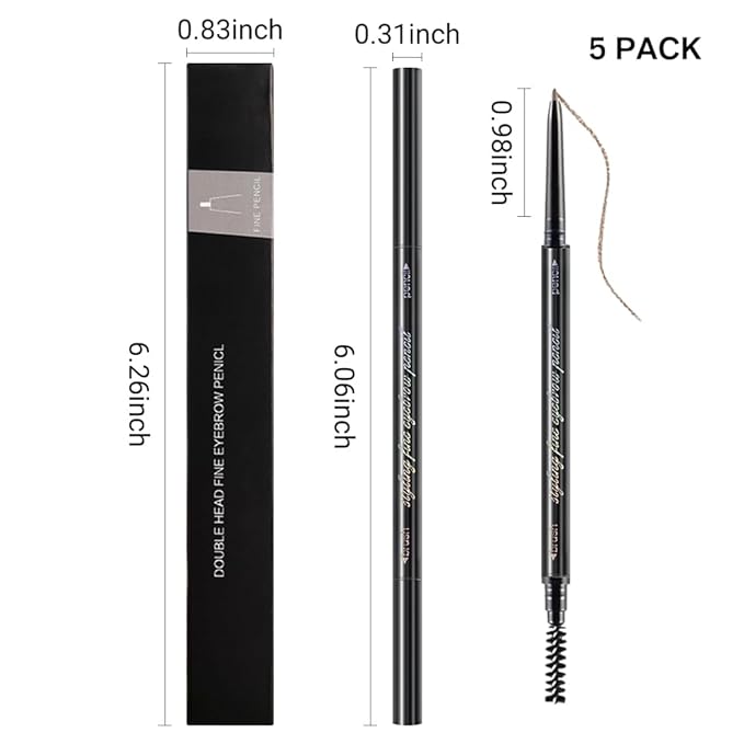 5 Pcs Waterproof Dual-Sided Fine Tip Eye Brow Precise Pencils Pack,Ultra-Fine Mechanical Sticks,Draws Tiny Brow Hairs, Defines, Fills, Shapes,Contours,Combs,1mm Pen Point(Pack of 5)-Light Brown