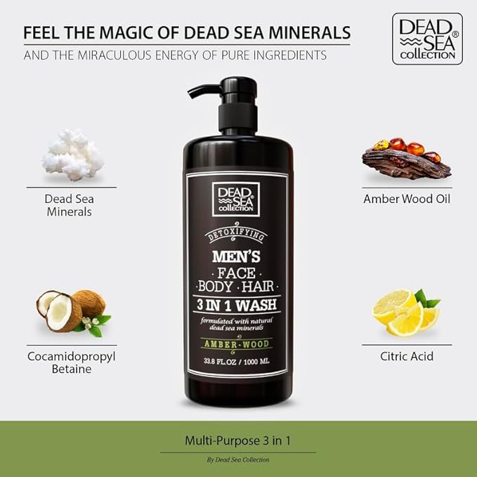 Dead Sea Collection Mens Body Wash 3 in 1 – Amber Wood Body Wash for Men – Shower Gel – Shampoo – Shower Soap for Face and Hair (33.8 Fl. Oz)