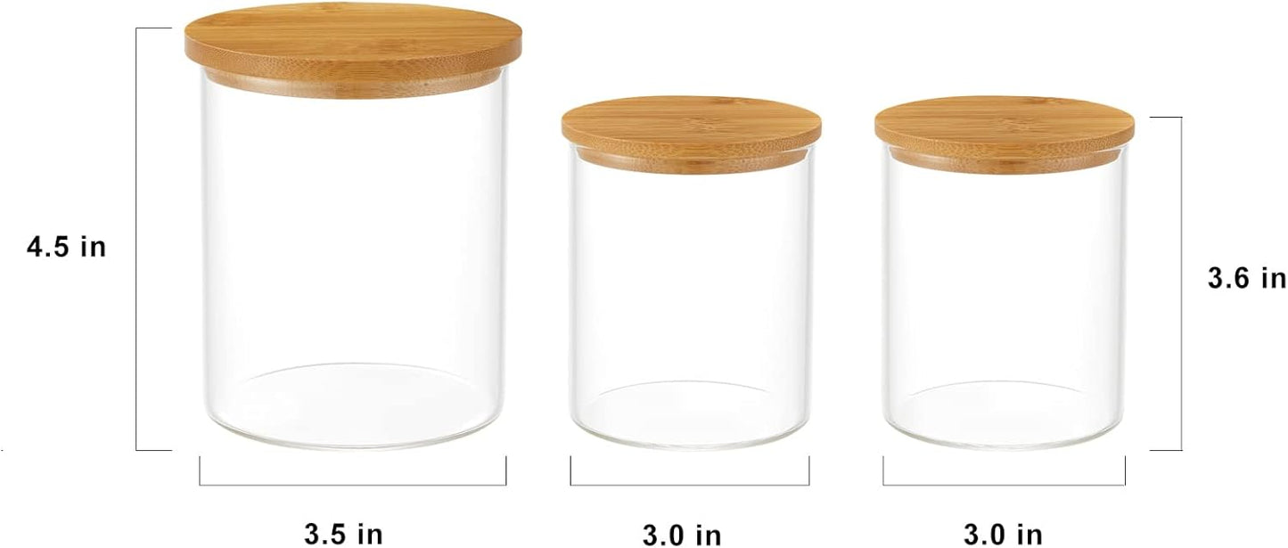 3 Pack Glass Qtip Holder Dispenser, 20 oz and 11 oz Clear Glass Apothecary Jars, Bathroom Vanity Canisters Organizer Jars for Cotton Swabs, Balls, Rounds, Pads, Floss, Bath Salts
