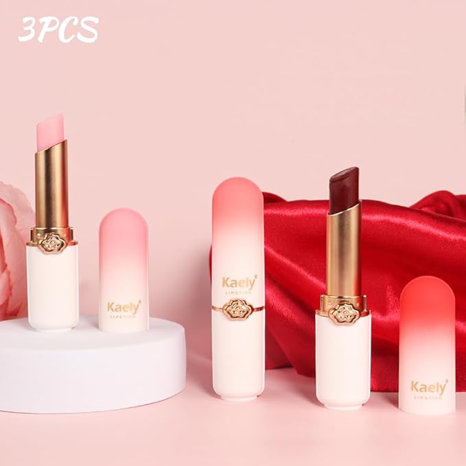 BINGBRUSH Peach Color Changing Lipstick,Moisturizer Long Lasting Lip Care Lip Balm Magic Lip Gloss Lip Tint Stain Gloss Set for Women (3Pcs Peach+Strawberry+ Red Cherries Lipstick)