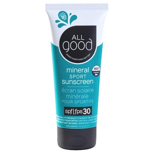 All Good Sunscreen - Sport Mineral Sunscreen Lotion, Reef Friendly, SPF 30+ for Face & Body, Water & Sweat Resistant (3 oz)