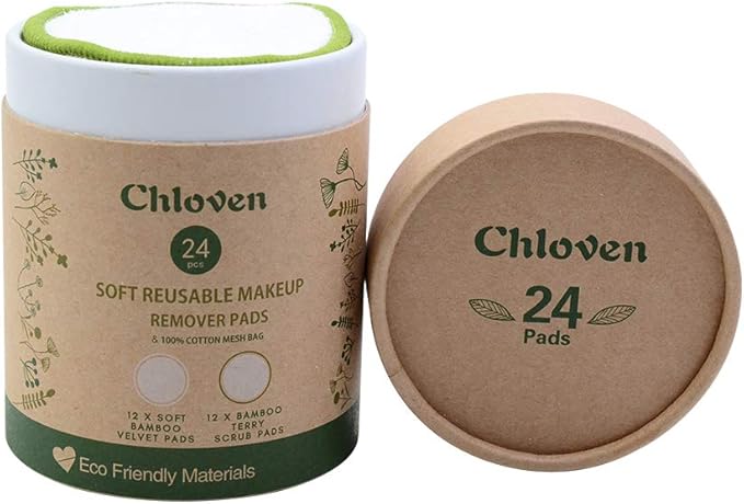 Chloven Reusable Makeup Remover Pads 24 Pack - Washable Eco-Friendly Bamboo Velour Pads for All Skin Types,Bamboo Reusable Cotton Rounds for Toner, with Cotton Laundry Bag and Round Box for Storage
