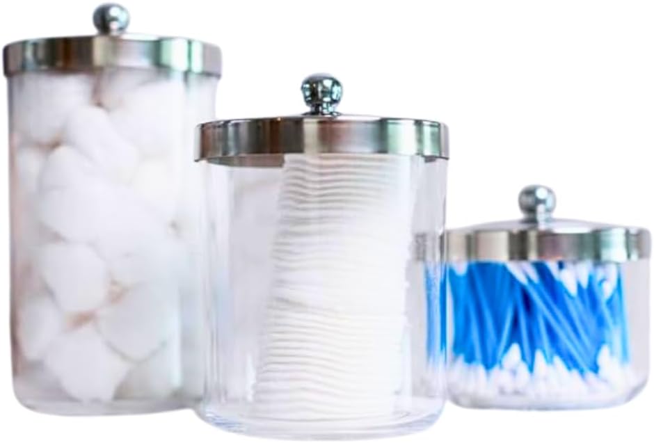 Huang Acrylic Chrome Lid Clear Cosmetic Container | Store Q-Tips, Cottonballs, Cotton Rounds | Perfect Counter Top or Shelf Storage | Small