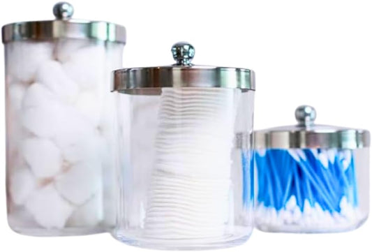 Huang Acrylic Chrome Lid Clear Cosmetic Container | Store Q-Tips, Cottonballs, Cotton Rounds | Perfect Counter Top or Shelf Storage | Small