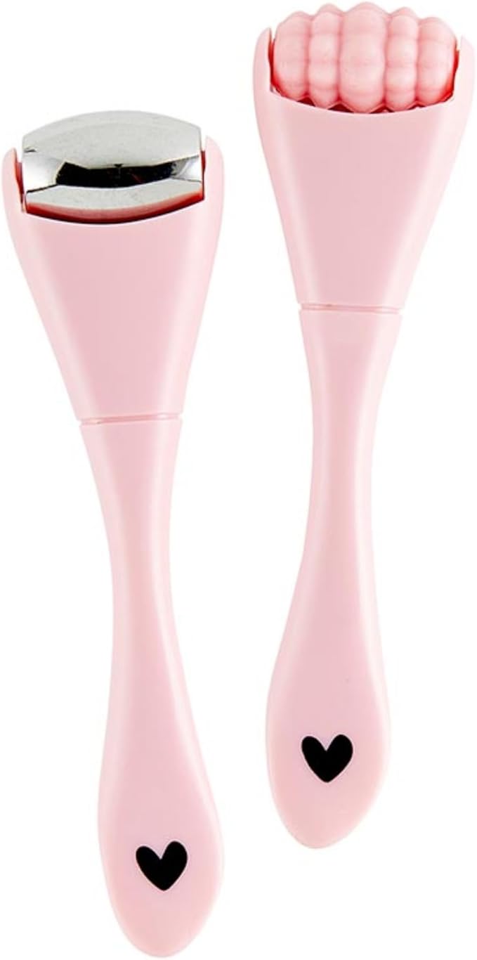 Bella Facial Roller Spa Set for Daily Skin Care Beauty Routine With Travel Bag, Stainless Steel Pink and Green - SET OF 2