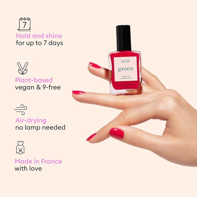 Manucurist System Green™ Red (Poppy Red) - Professional Manicure Set, Vegan & Plant-Based : 1 Nail Prep, 1 Base Coat, 1 Nail Polish, 1 Top Coat, Drying Drops- No Lamp -Beauty Gift For Woman