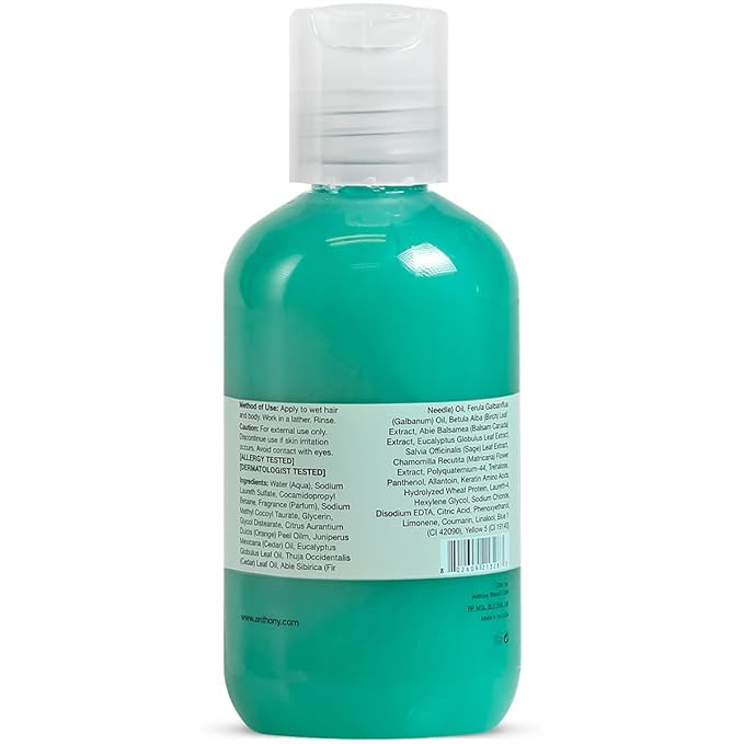 Anthony Mens Body Wash and Shampoo: Invigorating Rush 2-In-1 Liquid Gel Soap & Hair Shampoo, Pine Wood Scent, Hydrating with Eucalyptus, Canadian Balsam, Birch Leaf, Charcoal, Sea Kelp, 3.4 Fl. Oz