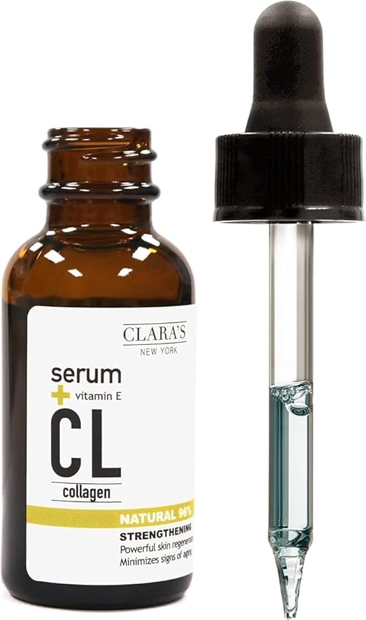 CLARA'S NEW YORK Glycolic Acid Facial Serum with Vitamin E for Exfoliating Smoothing Glowing Face Skin - Made in USA 30ml (1Fl/Oz) (Collagen)