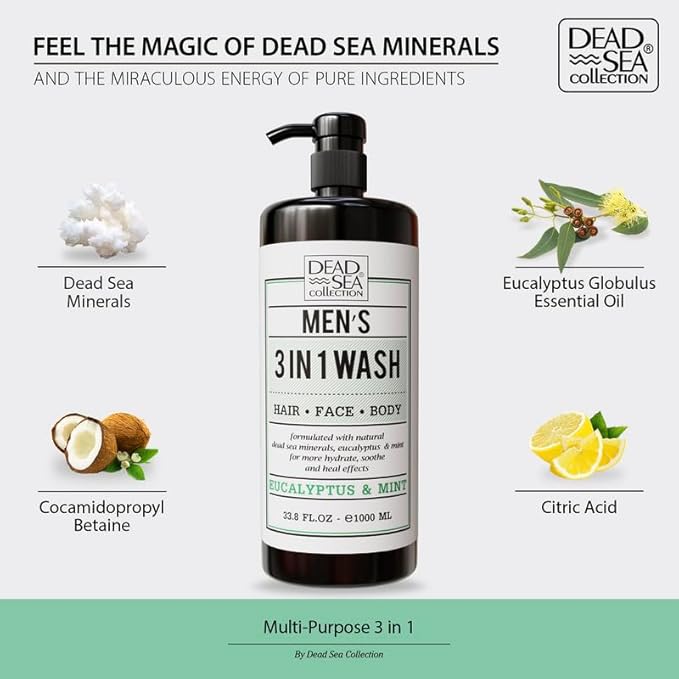 Dead Sea Collection Mens Body Wash 3 in 1 – Eucalyptus Body Wash for Men – Shower Gel – Shampoo – Shower Soap for Face and Hair (33.8 Fl. Oz)