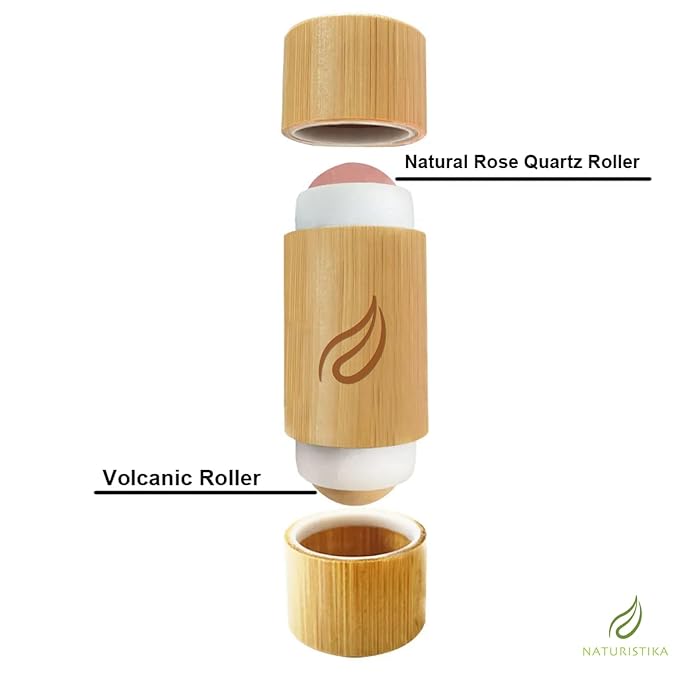 Double head Face Roller with Rose Quartz + Volcanic Stone. Bamboo Face Roller Oil Absorbing Roller with Natural Quartz Face Eye Roller Massager. 1 count.