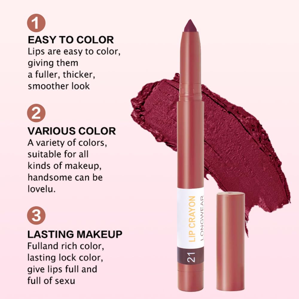 BINGBRUSH Lip Crayons Matte Longwear Lipstick Pack Set,Moisture Smooth Lipliner With Built-in Sharpener Ultimate Super Stay Ink Lip Crayon for Makeup-Waterproof Velvet Lipgloss Lip Stain(21#Dark Red)