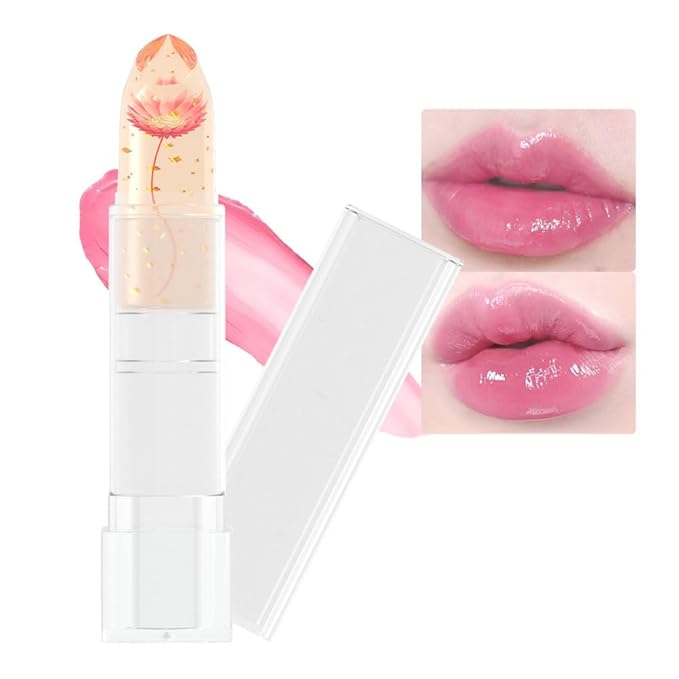BINGBRUSH Crystal Flower Jelly Color Changing Lipstick,Long Lasting Lip Care Moisturizer Lip Balm Magic Color Change Lip Gloss Lip Tint Stain Matte Makeup Lipstick (01#Pink flower)
