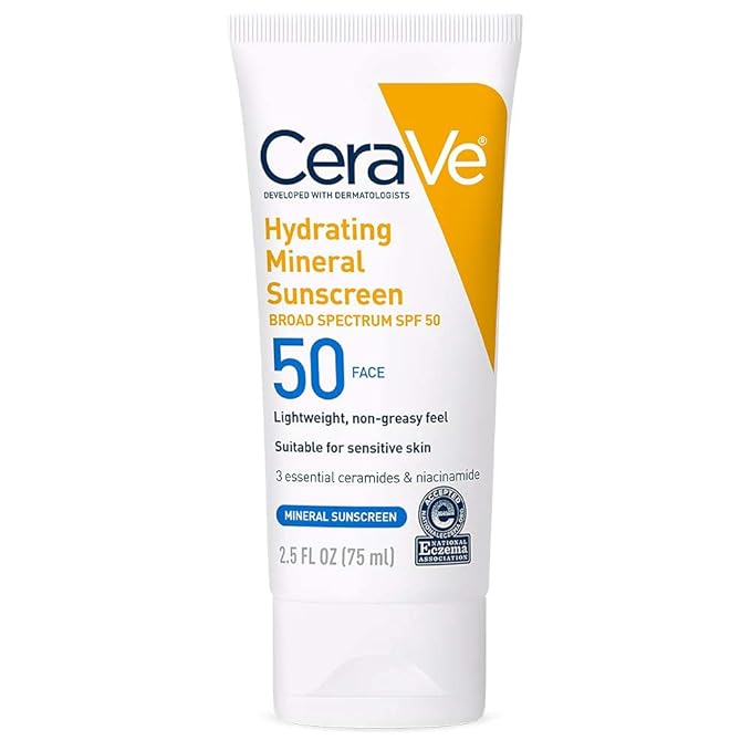 CeraVe 100% Mineral Sunscreen SPF 50, Face sunscreen With Zinc Oxide & Titanium Dioxide, Hyaluronic Acid + Niacinamide + Ceramides, Oil Free, Travel Size 2.5 oz