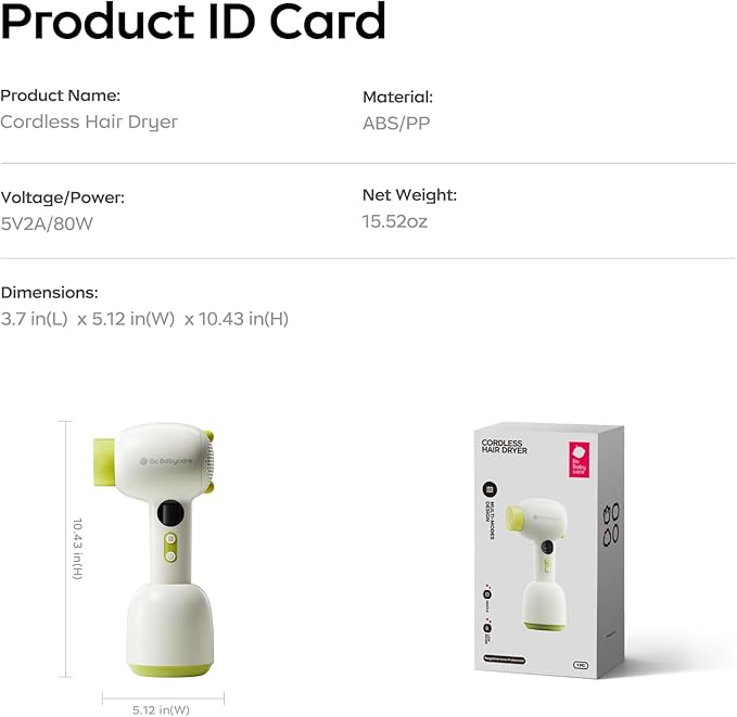 Bc Babycare Gentle Cordless Hair Dryer for Baby and Kids, Quiet Portable Mini Blow Dryer for Infant, Children Hair Dryer, Low Heat/Speed with 4 Model for Hair Diaper and Full Body (Green)