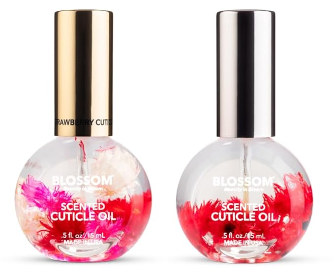 Blossom Hydrating, Moisturizing, Strengthening, Scented Cuticle Oil, Infused with Real Flowers, Made in USA, 2 Pack Bundle, Strawberry + Amazon Exclusive Raspberry