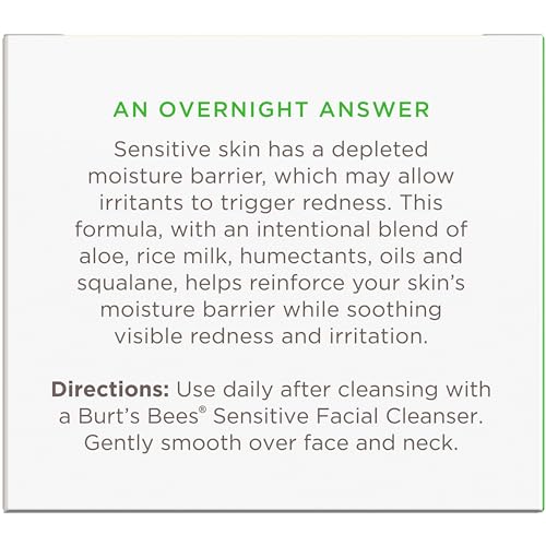 Burt's Bees Back To School Dorm Essentials, Calming Night Cream, With Aloe and Rice Milk, Face Moisturizer For Sensitive Skin, 98.8 Percent Natural Origin, 1.8 oz. Tub