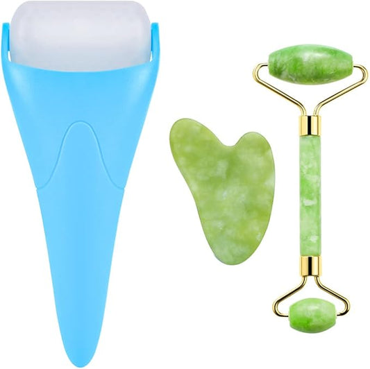 3-in-1 Natural Jade Roller and Gua Sha Set for Face and Eye Ice Roller Facial Cooling Massage Roller (Light Blue Ice Roller + Jade Roller + Gua Sha)