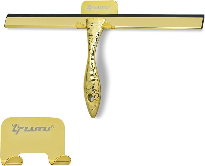 All-Purpose Silicone Shower Squeegee for Shower Glass Door,with 1 Hooks,for Bathroom Glass, Car, Tile Wall, Mirror Cleaning - Flower Shaped Handle for Easy-Grip 14 Inch Golden