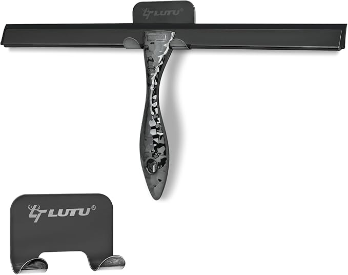 All-Purpose Silicone Shower Squeegee for Shower Glass Door,with 1 Hooks,for Bathroom Glass, Car, Tile Wall, Mirror Cleaning - Flower Shaped Handle for Easy-Grip 12 Inch Black