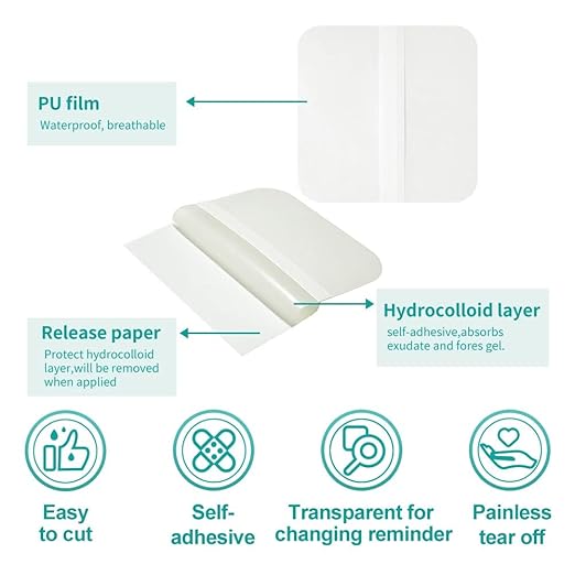 Dimora Hydrocolloid Dressing 4" x 4" for Wound Care, 10 Pcs Large Patch Bandages with Self-Adhesive for Bedsore, Burn, Blister, Acne Care, Super Absorbent for Fast Healing