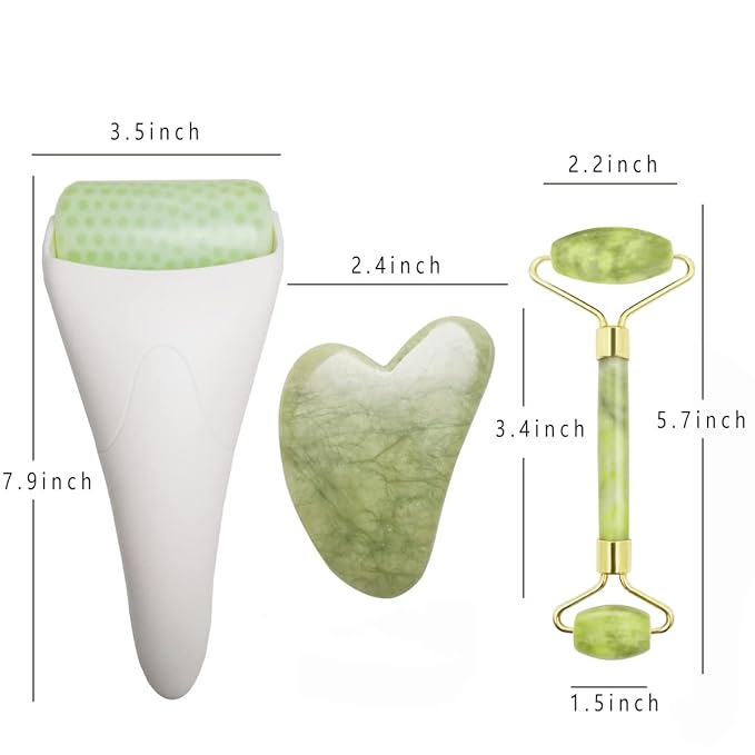 3 in 1 Ficial Face Ice Jade Roller and Gua Sha Tool, Natural Real Jade Anti-Wrinkle Face Eye Neck Massager Tool, Reduce Wrinkles, Puffiness, Migraine, Redness, Pain and Injury