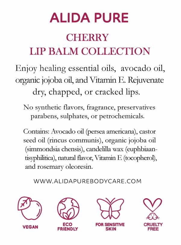 Cherry Lip Balm Collection, Vegan Lip Balm Set, Beeswax Free, with Avocado Oil, Organic Jojoba Oil, and Vitamin E, Natural Moisturizer for Dry, Chapped Lips, 3 Tube Set