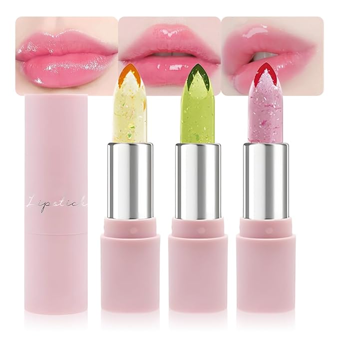 BINGBRUSH 3Pcs Ph Lipstick Color Changing,Crystal Jelly Gold Leaf Clear Mood Long Lasting Labiales Lip Care Moisturizer Lip Balm Korean Magic Lip Gloss 24 Hours Lip Tinted Stain Makeup Set for Women
