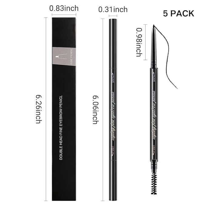 Black Ultra-Fine Tip Eyebrow Pencils Pack for Women, Mechanical Precise Brow Pencil,Draws Tiny Brow Hairs, Defines, Fills Brows, Shapes, Contours, Combs, Waterproof Dual-Sided