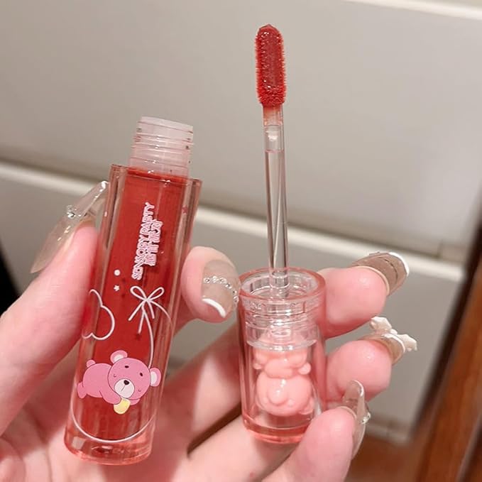 2Pcs Bear Lip Glaze Jelly Lipstick,Liquid Lipstick Cute Bear Lipgloss Waterproof Long Lasting Cheek Rouge Tint Cosmetics Bear Beauty Makeup Moisturizing Lip Stain Plumping Water Lip Gloss