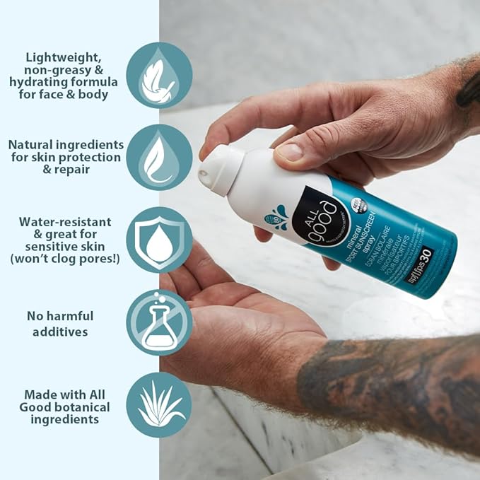 All Good Sport Sunscreen Spray - UVA/UVB Broad Spectrum SPF 30 - Water Resistant, Coral Reef Friendly - Zinc, Calendula, Aloe (6 oz)(2-Pack)