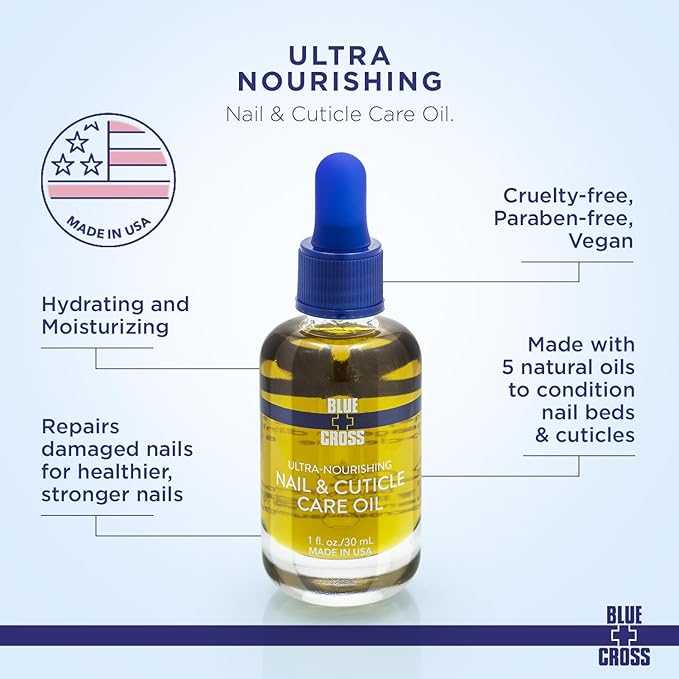 Blue Cross Nail & Cuticle Care Oil, Mineral Oil Free, Hydrating, Moisturizing, All Natural Professional Nail + Cuticle Care, Lemongrass/Lavender Scented Essential Oils, Made in USA, 1 floz/30mL