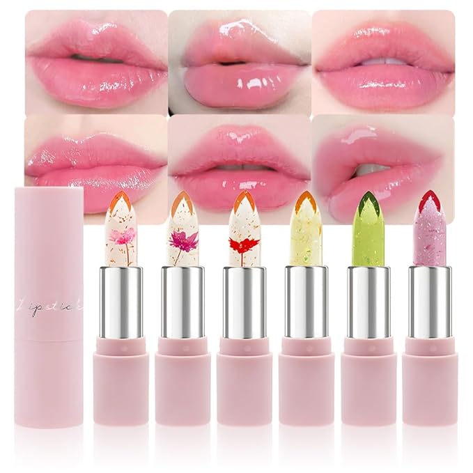 BINGBRUSH 6Pcs Color Changing Lipstick,Pink Crystal Flower Jelly PH Mood Long Lasting Labiales Lip Care Moisturizer Lip Balm Korean Magic Lip Gloss 24 Hours Lip Tinted Stain Makeup Set for Women