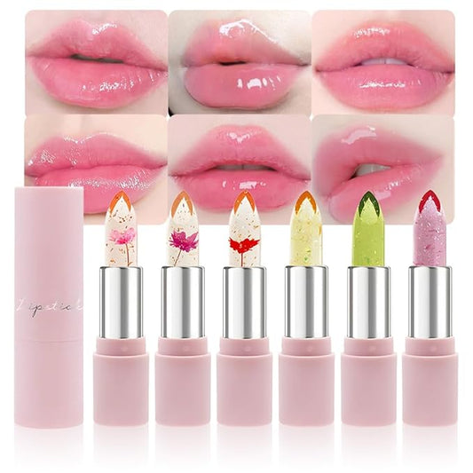 BINGBRUSH 6Pcs Color Changing Lipstick,Pink Crystal Flower Jelly PH Mood Long Lasting Labiales Lip Care Moisturizer Lip Balm Korean Magic Lip Gloss 24 Hours Lip Tinted Stain Makeup Set for Women