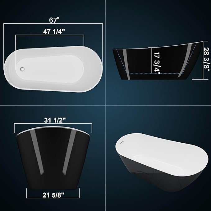 67 Inch Acrylic Freestanding Bathtubs – Stylish Black and White Free Standing Tub, Stand Alone Bathtub with Smooth Lines for Contemporary Bathroom or Remodel Projects