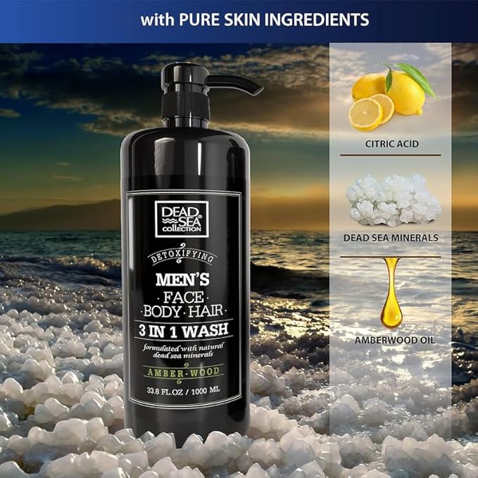 Dead Sea Collection Mens Body Wash 3 in 1 – Amber Wood Body Wash for Men – Shower Gel – Shampoo – Shower Soap for Face and Hair – Pack of 2 Bottles (33.8 Fl. Oz. Each)