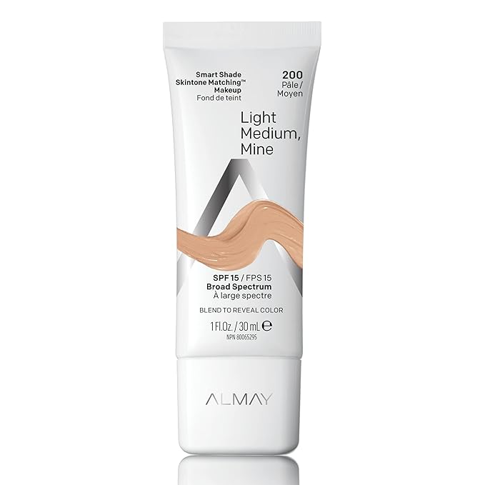 Almay Skintone Matching Foundation, Smart Shade Face Makeup with SPF 15, Hypoallergenic, Oil-Free, Dermatologist-Tested, 200 Light Medium Mine, 1 fl oz