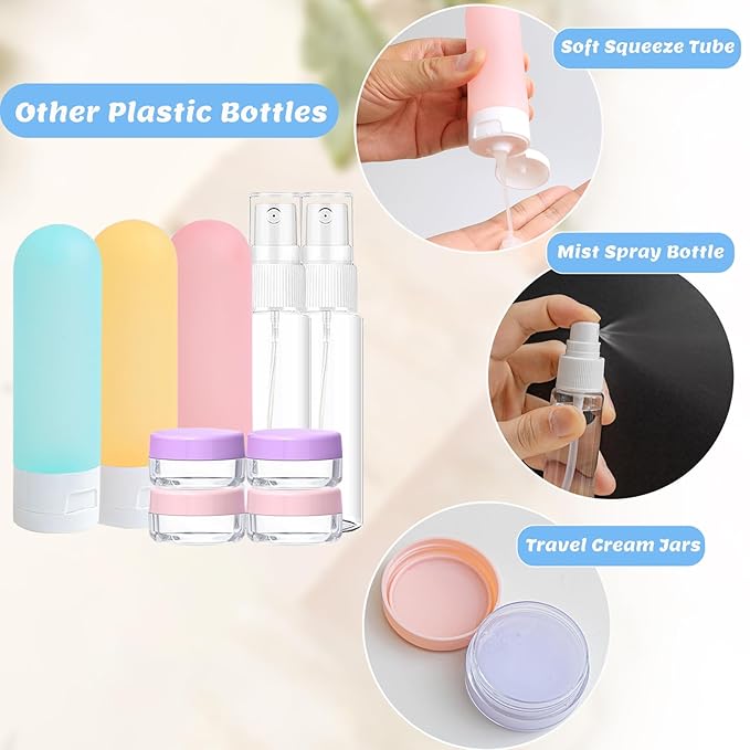 20 Pack Travel Bottles Set, TSA Approved Travel Size Toiletries Containers, Leak Proof Shampoo and Conditioner Bottles, Refillable Travel Essentials Toiletry Bottles (Light Color)