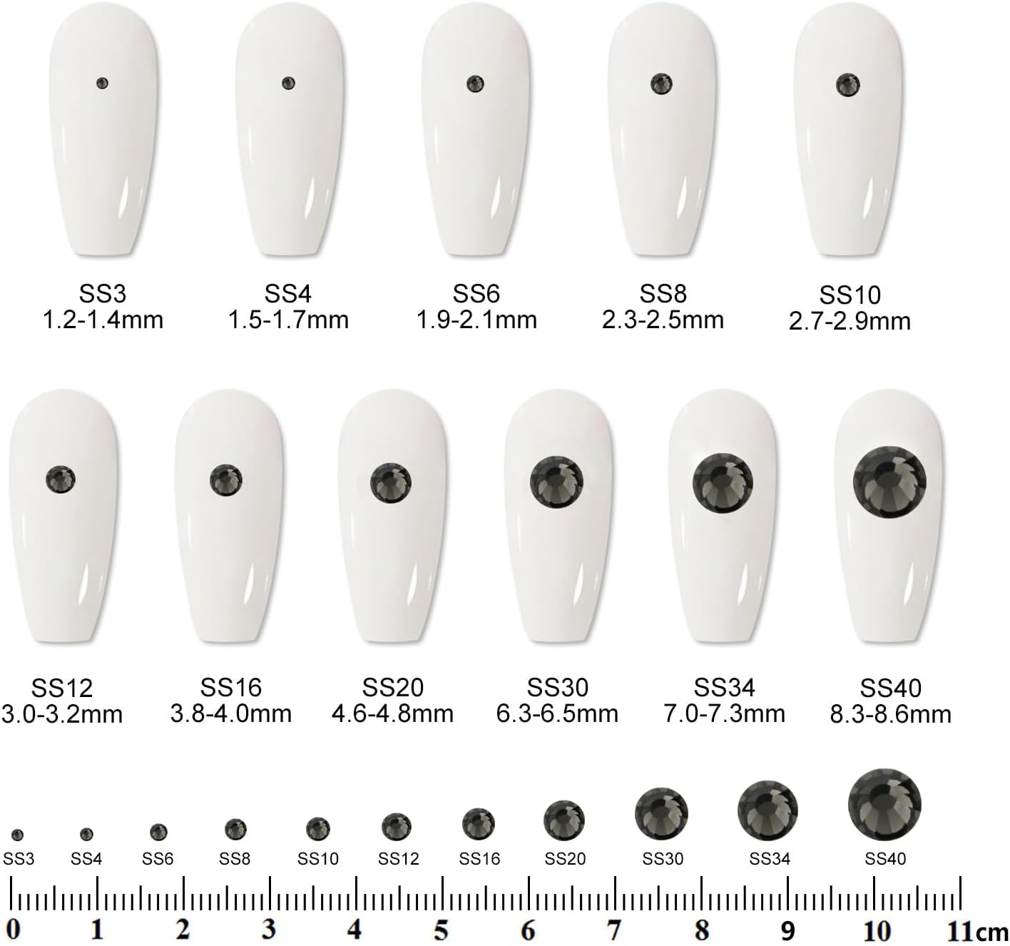 2000PCS SS12 Flatback Rhinestones | 12-Facet Diamond-Cut Glass Gems for Nail Art, Clothing, DIY Crafts |Glue-On Decoration Stones with Silver Backing(Black Diamond)