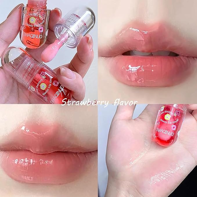 4Pcs Fruit Flavored Lip Gloss Oil Set,Big Brush Head Lip Oil,Cute Lip Hydrating Nourishing Lip Gloss, Jelly Glossy Finish Lip Glow Oil,for Kids and Teens, Kid Friendly, Party Gift, Non-toxic