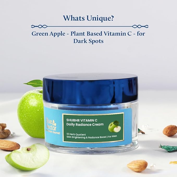 Blue Nectar Plant-Based Vitamin C Face Cream for Glowing Skin, Dark Spot Removal Cream for Men with Green Apple and Almond Oil (13 Herbs, 1.76Oz)