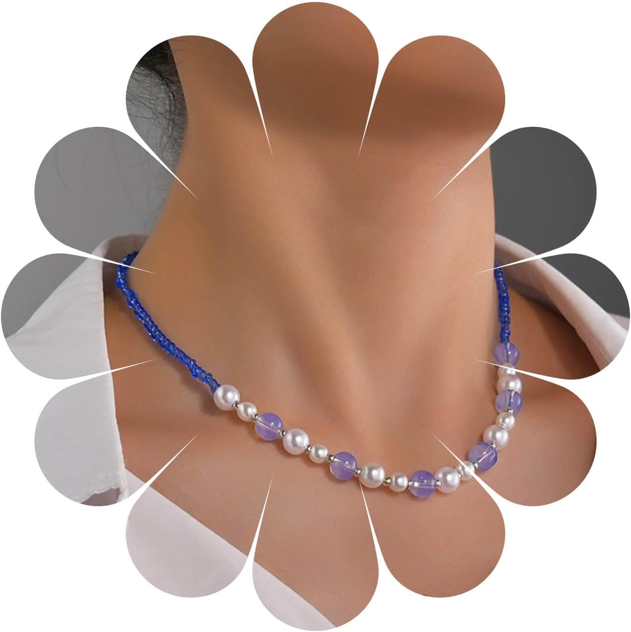 Boho Pearl Choker Necklace Vintage Blue Heishi Surfer Choker Imitation Pearl Necklace Chain Vinyl Seed Beads Necklace Summer Beach Bohemian Necklace Jewelry for Women and Girls