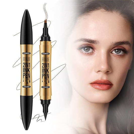 3D Four-Tip Eyebrow Pen & Eyeliner Duo - Waterproof, Long-Lasting, Smudge-Proof, Easy to Use for Perfect Brows and Defined Eyes - Black Eyebrow Pencil & Black Eyeliner