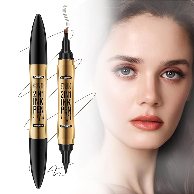 3D Four-Tip Eyebrow Pen & Eyeliner Duo - Waterproof, Long-Lasting, Smudge-Proof, Easy to Use for Perfect Brows and Defined Eyes - Light Brown Eyebrow Pencil & Black Eyeliner